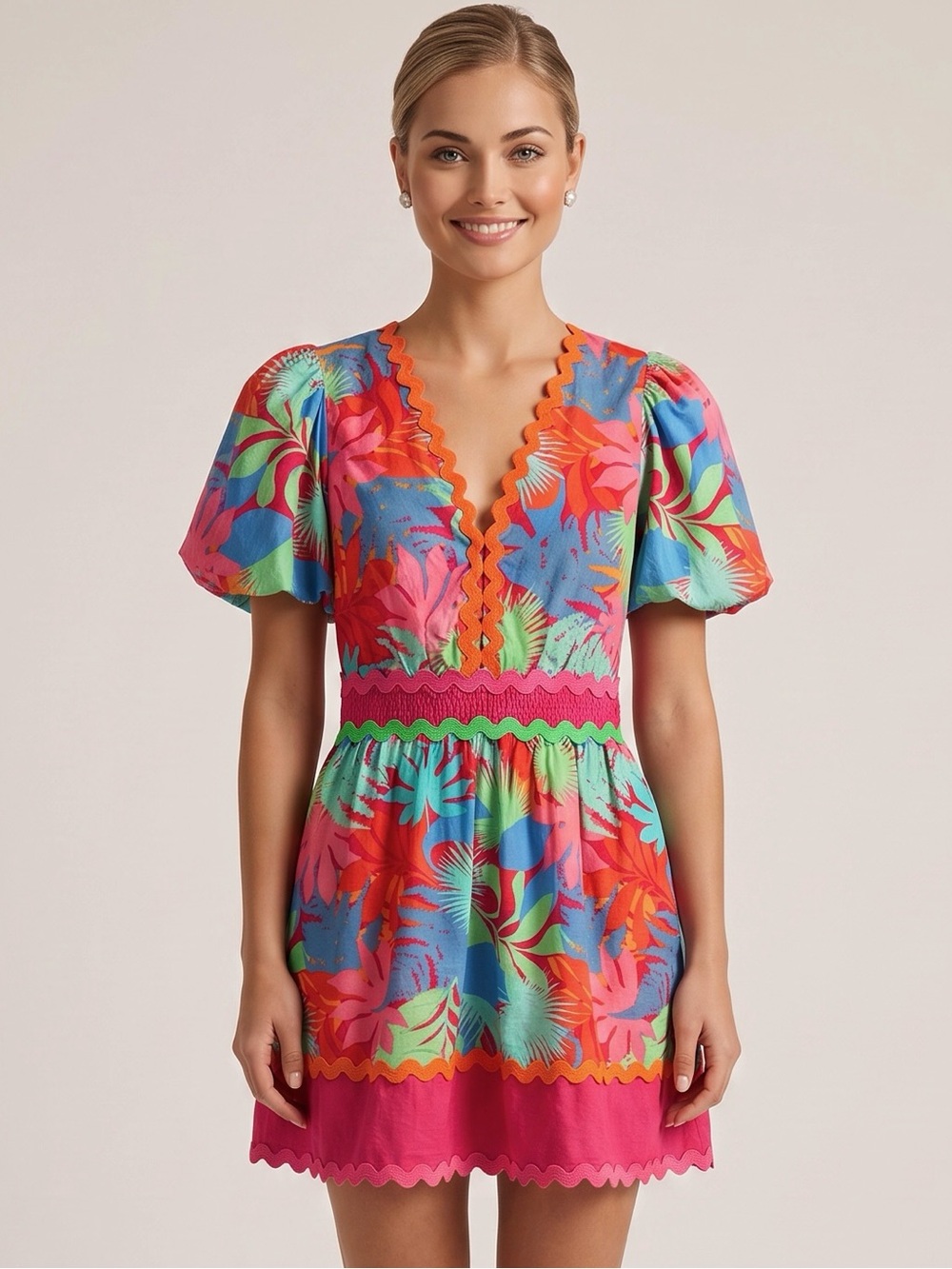 🌻Greylin Tropical Print Puff Sleeve Dress V Neck Zip Mini Women's Size XS